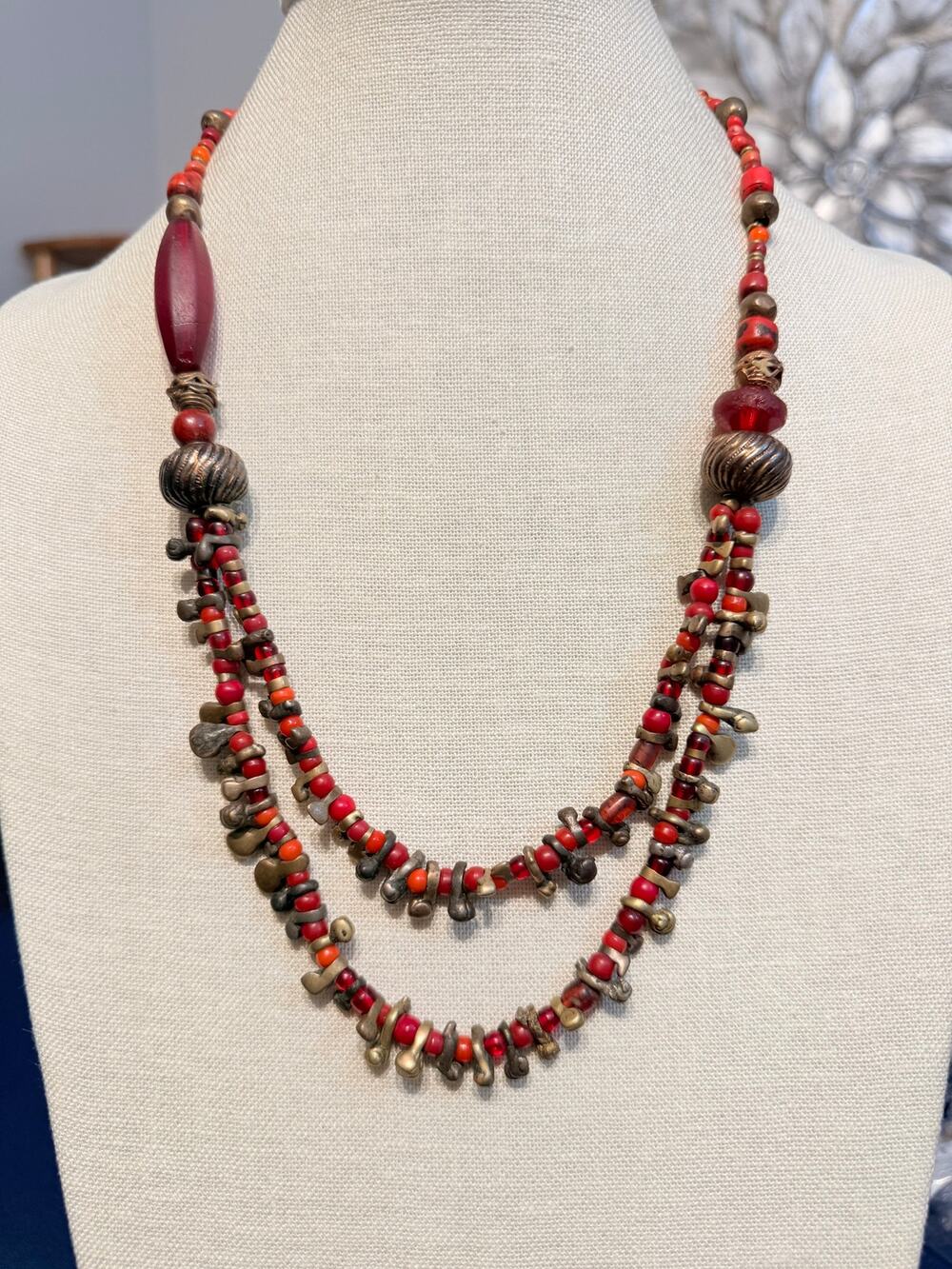 Vintage Handmade African Brass & Coral Bead Necklace 28”